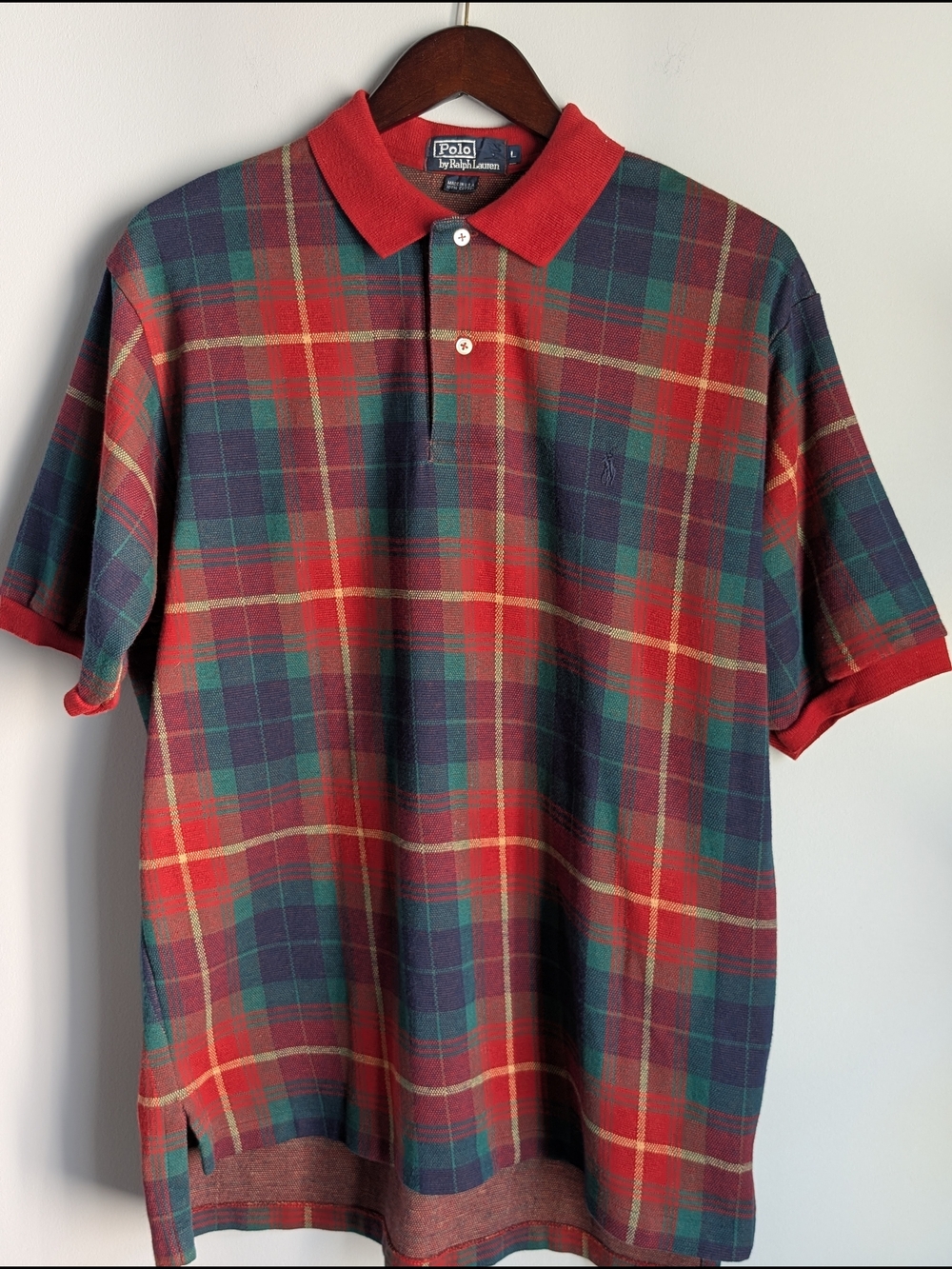VTG Polo Ralph Lauren Men's Polo Sz Large Red Tartan Plaid Made In The USA 90's